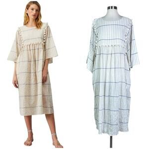 Tory Burch | Duchess Cotton Striped Tassel Cream White Blue Designer Midi Dress